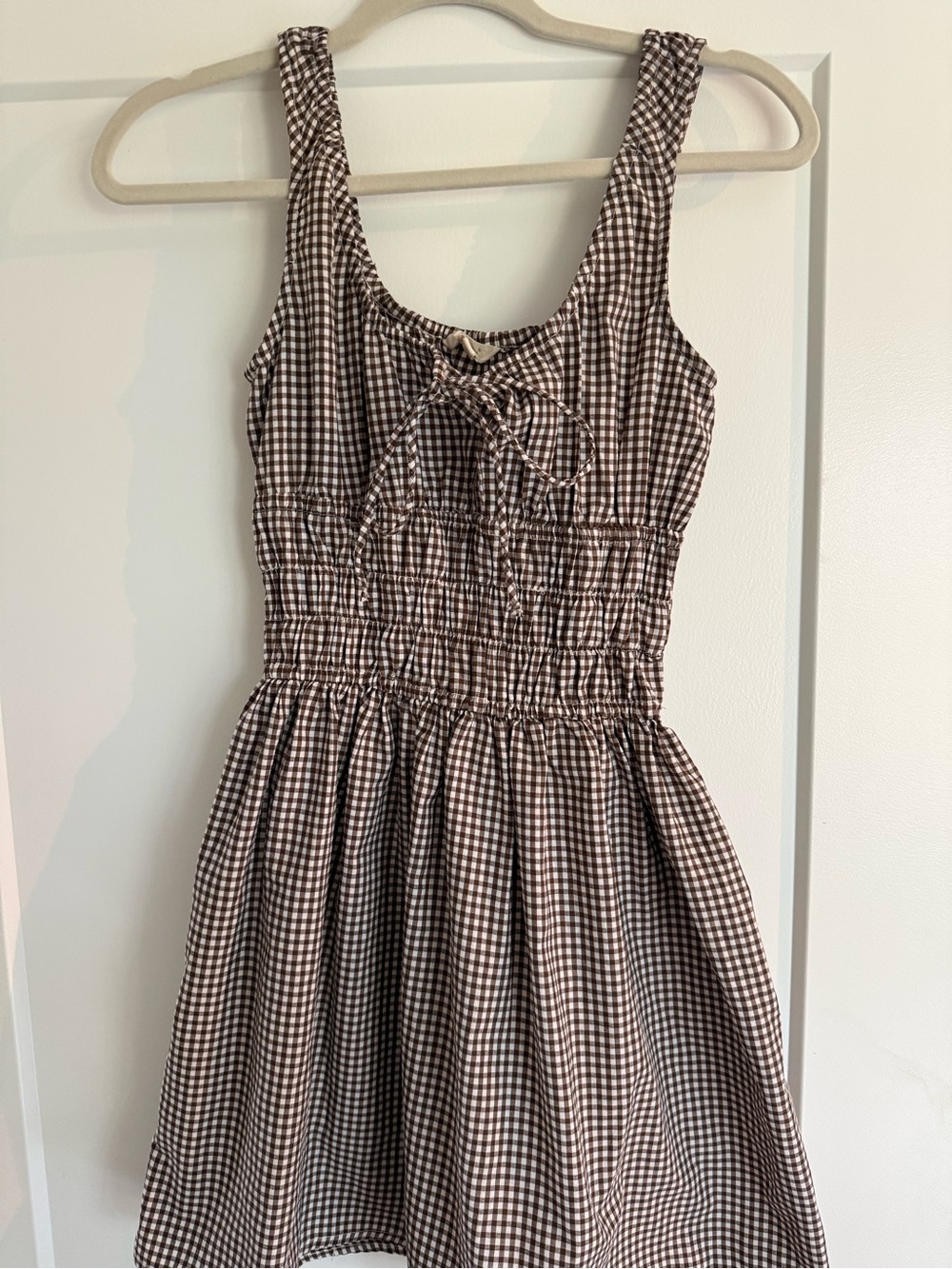 Smocked Gingham Mini Dress in Brown